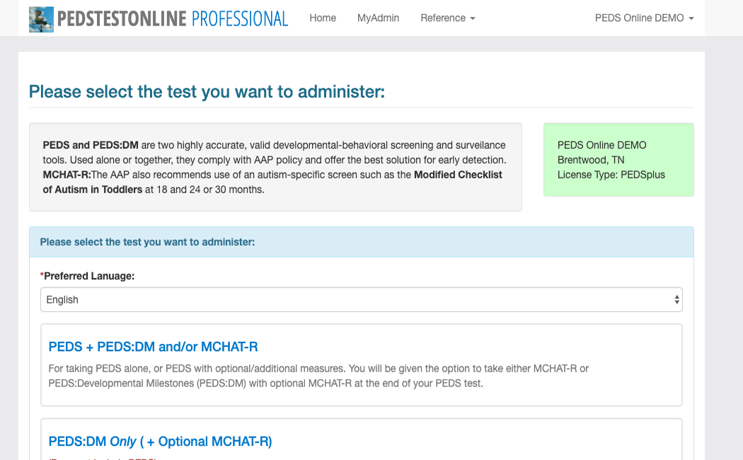 PEDStest Online Professional Dashboard - Multi-language Support and Report Generation