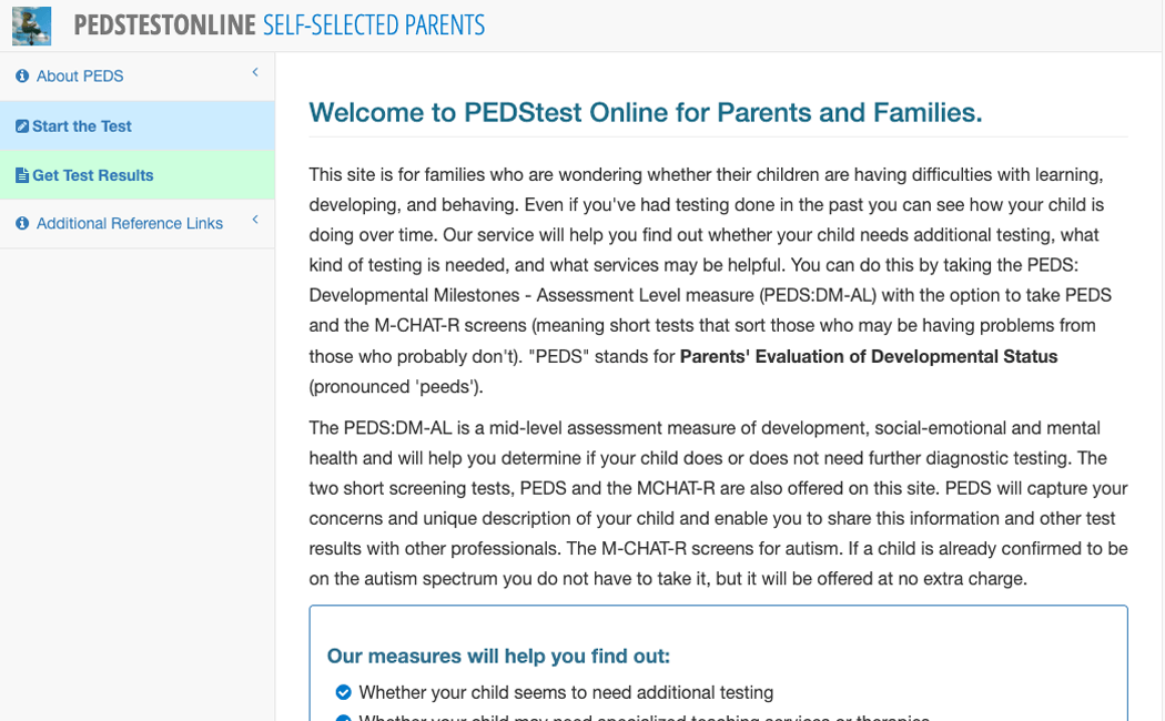 PEDStest Online Self-Pay Parent Interface - Screening Test Options